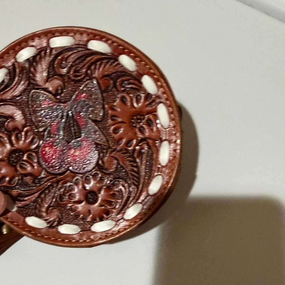 Tooled Leather Cherry Round Wristlet Pouch - Brown with Red Accents